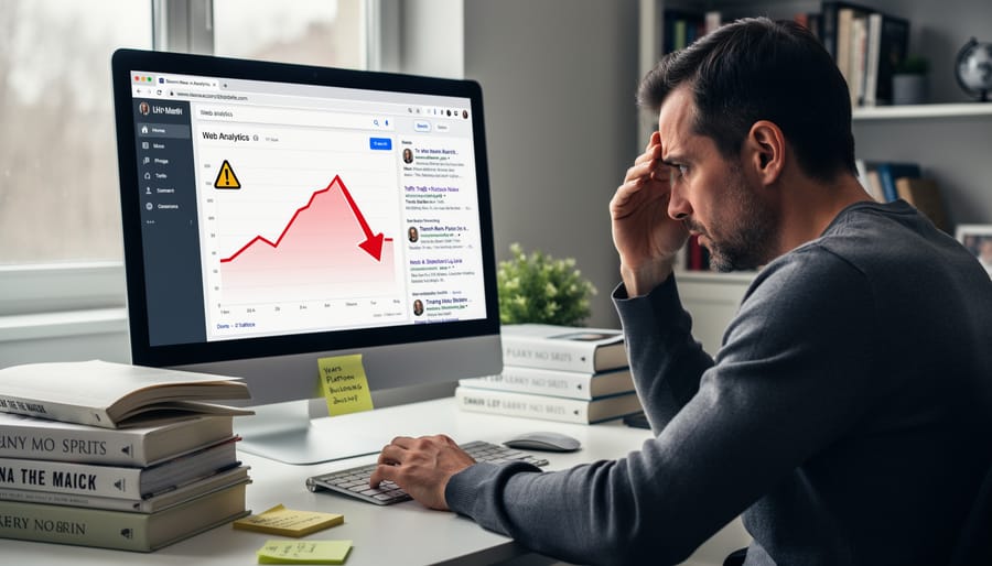 Frustrated author at desk dealing with website penalty consequences