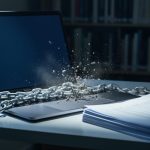 Metal chain breaking into dust across a laptop and stack of manuscript pages on an author’s desk, with blurred bookshelf and coffee mug in the background under dramatic side lighting.