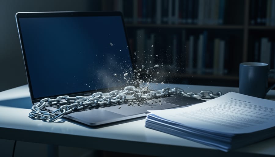 Metal chain breaking into dust across a laptop and stack of manuscript pages on an author’s desk, with blurred bookshelf and coffee mug in the background under dramatic side lighting.