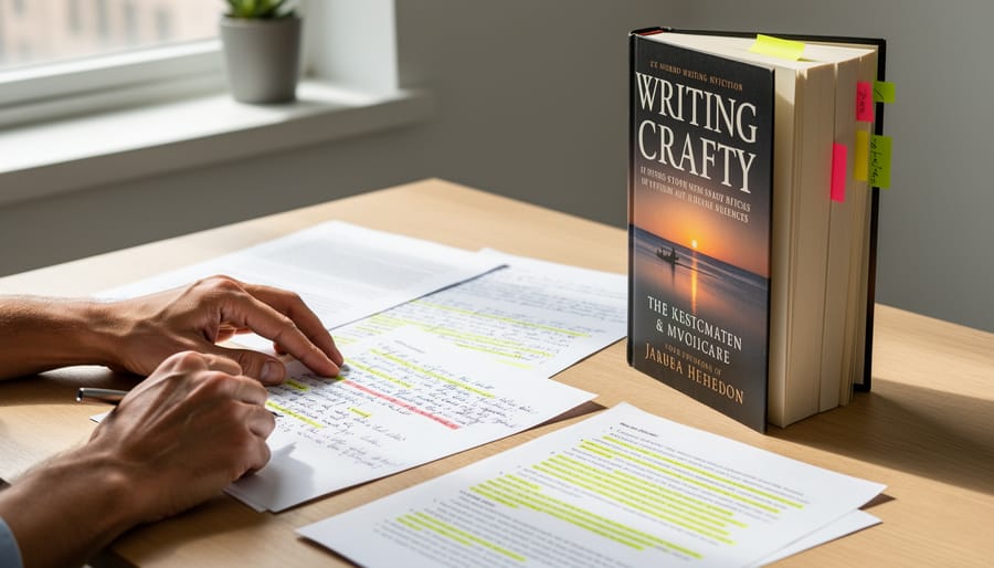 Hands holding a blank-notes page beside a standing hardcover book with warm desk lighting