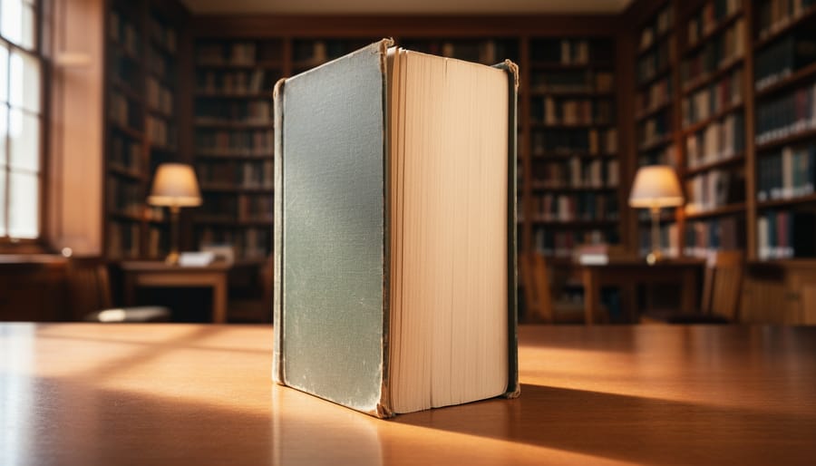 Leather-bound nonfiction book open on a table in a sunlit library