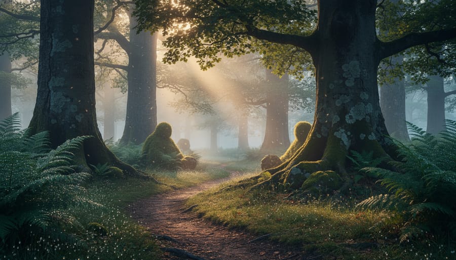 Misty forest path with towering trees and soft glowing light in the distance