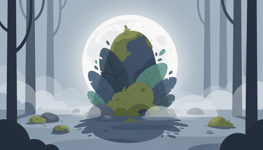 Moonlit forest clearing where moss-covered roots and mushrooms create a towering friendly spirit-like presence