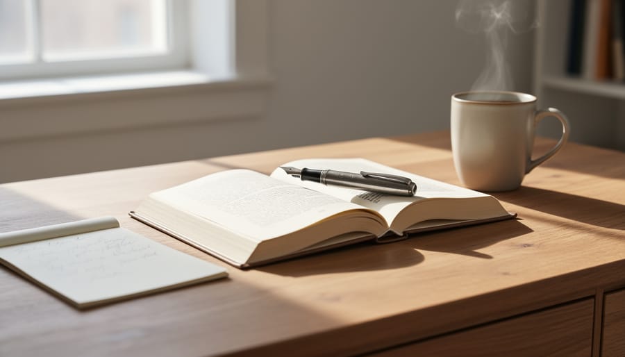 Open book on a wooden desk with a fountain pen and blank notepaper in soft daylight