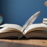 Open nonfiction book on a wooden desk with a quill pen, surrounded by blurred scholarly books and a reading lamp.