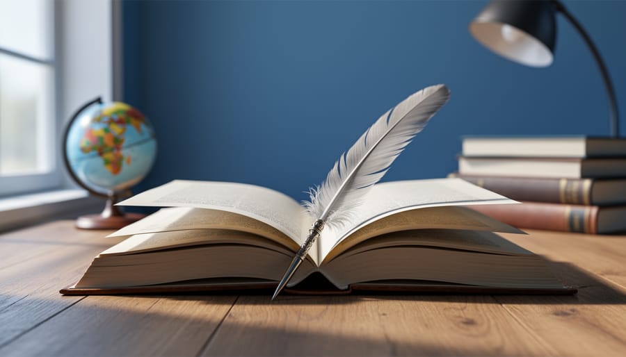 Open nonfiction book on a wooden desk with a quill pen, surrounded by blurred scholarly books and a reading lamp.