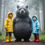 Misty Japanese forest with a gentle Totoro-like guardian spirit beside two children in raincoats, with soft green trees fading into fog behind.