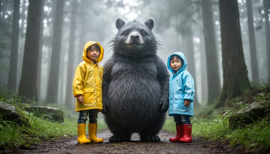 Misty Japanese forest with a gentle Totoro-like guardian spirit beside two children in raincoats, with soft green trees fading into fog behind.