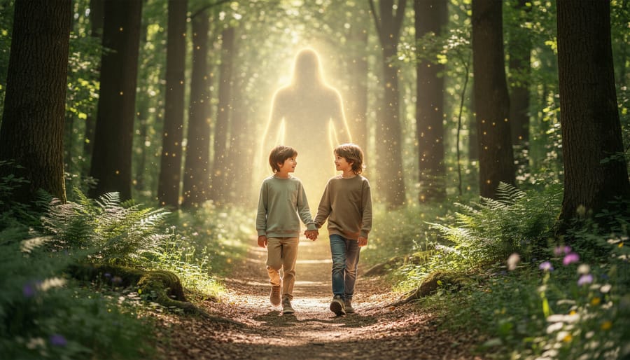 Two young sisters walking hand in hand through a misty forest clearing