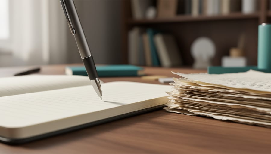 Pen hovering over an open notebook on a writer’s desk, with blurred books and stationery in the background.