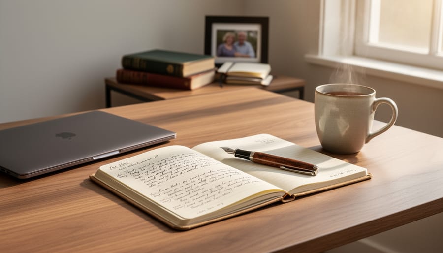Open notebook and pen on a desk in a cozy writing room with a laptop showing a blank document