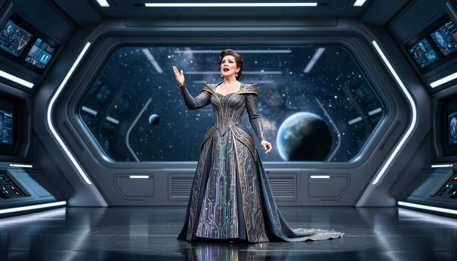 Opera singer in ornate costume standing on a starship stage with nebula light