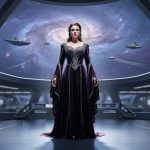 Opera performer in velvet stage costume on a futuristic starship deck with a glowing nebula and distant ships in the background.
