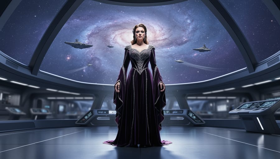 Opera performer in velvet stage costume on a futuristic starship deck with a glowing nebula and distant ships in the background.