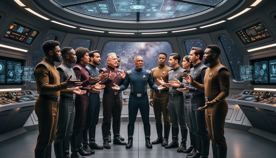 Three spacefaring characters in formal spacesuit-style outfits gathered in a starship interior