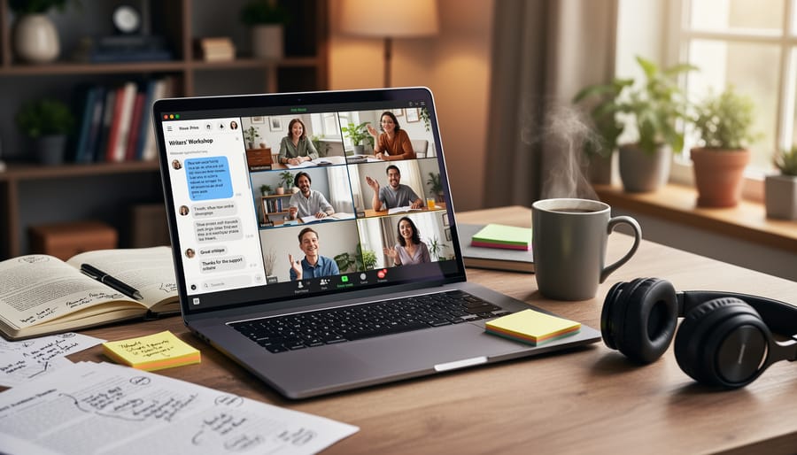 Laptop showing a video call and a smartphone on a desk with a handwritten writing draft in the foreground