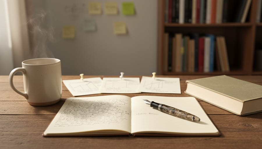 Open notebook with a pen on a wooden desk in a cozy writing room, with a mug and pinned drafts in the background.