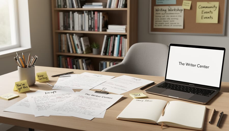 Open notebooks and pens on a wooden table in a cozy writer’s room