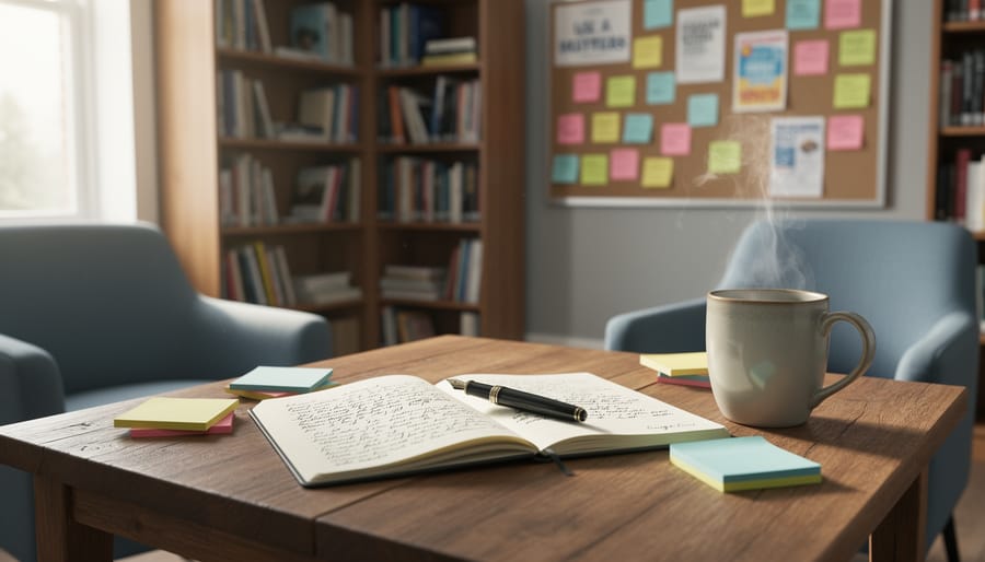 “Open notebook on a wooden table with a fountain pen and writing tools in a cozy community writing space.”