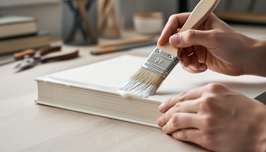 Hands using a brush to apply PVA glue evenly to a book spine on a clamped bookmaking setup