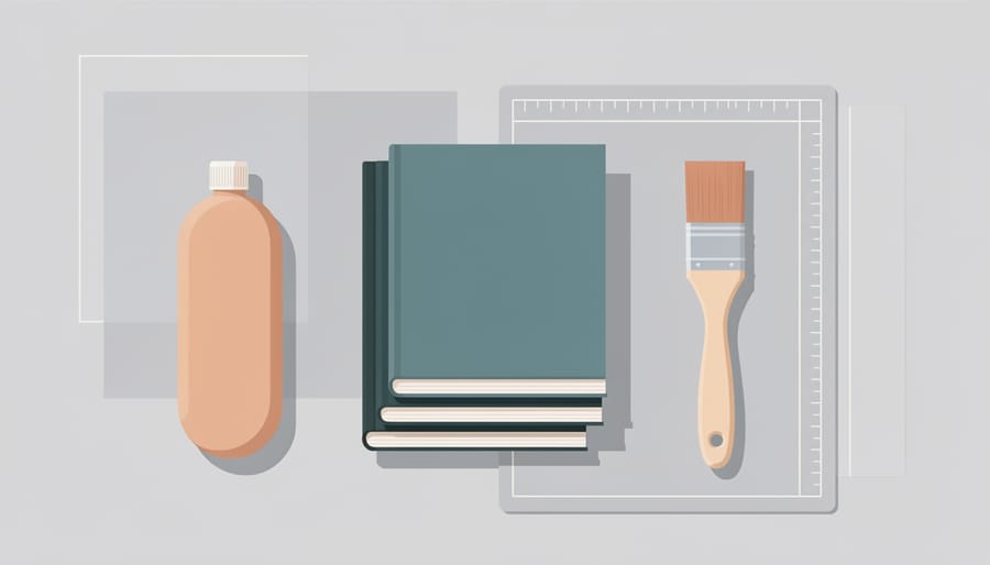 Overhead view of a clean glue book binding workstation with clamps, archival adhesive, glue roller, and paper sheets
