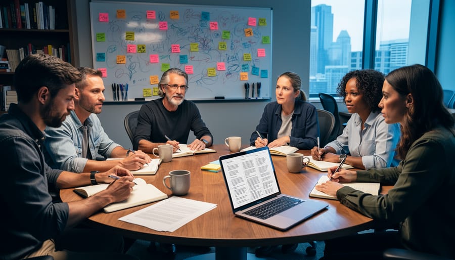 Diverse writers gathered around a round table in a collaborative writers room, with open notebooks, printed pages, and sticky-note brainstorming materials.