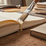 Close-up of a paintbrush applying clear PVA glue along the spine of an open handmade book on a wooden workbench.