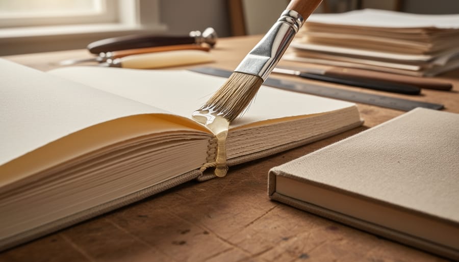 Close-up of a paintbrush applying clear PVA glue along the spine of an open handmade book on a wooden workbench.