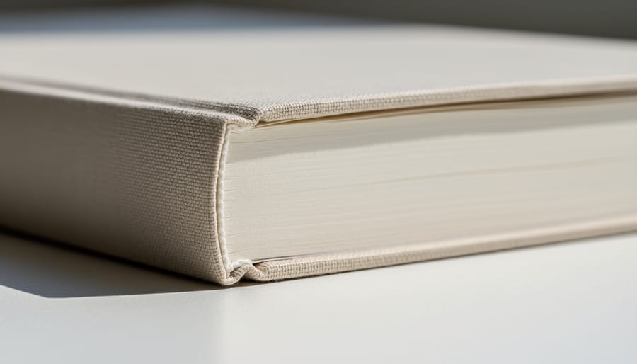 Close-up of a finished glue-bound book showing the textured spine and neatly finished edges