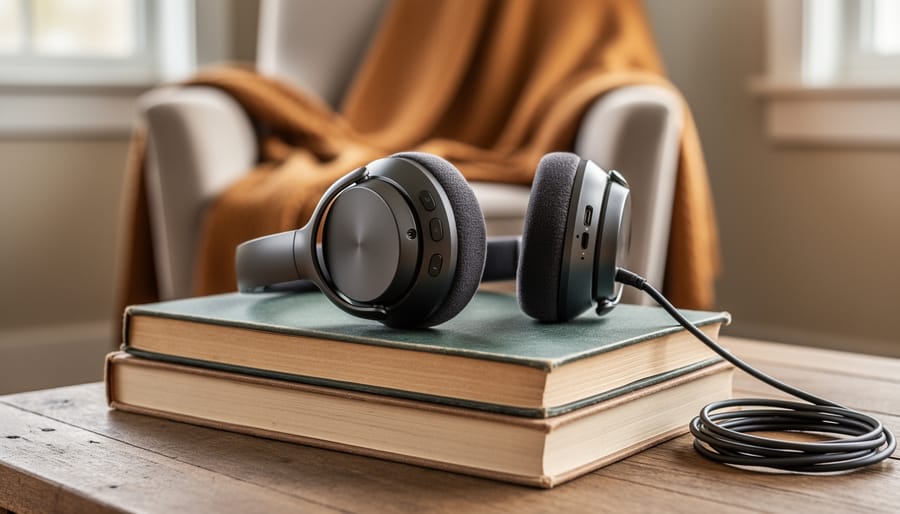 Over-ear headphones and an open book on a desk with a blank handwritten page nearby