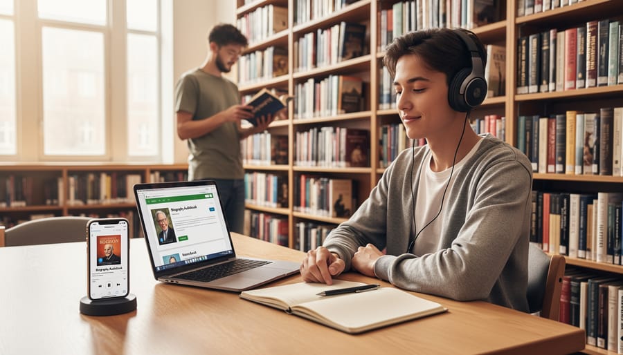 Person seated in a library listening to an audio device while surrounded by shelves of books