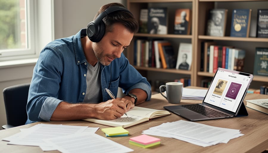 Person wearing headphones and listening to an audiobook while writing notes in a notebook