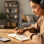 “A writer wearing headphones listens to a biography audiobook while writing notes in an open notebook at a wooden desk.”