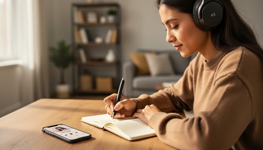 “A writer wearing headphones listens to a biography audiobook while writing notes in an open notebook at a wooden desk.”